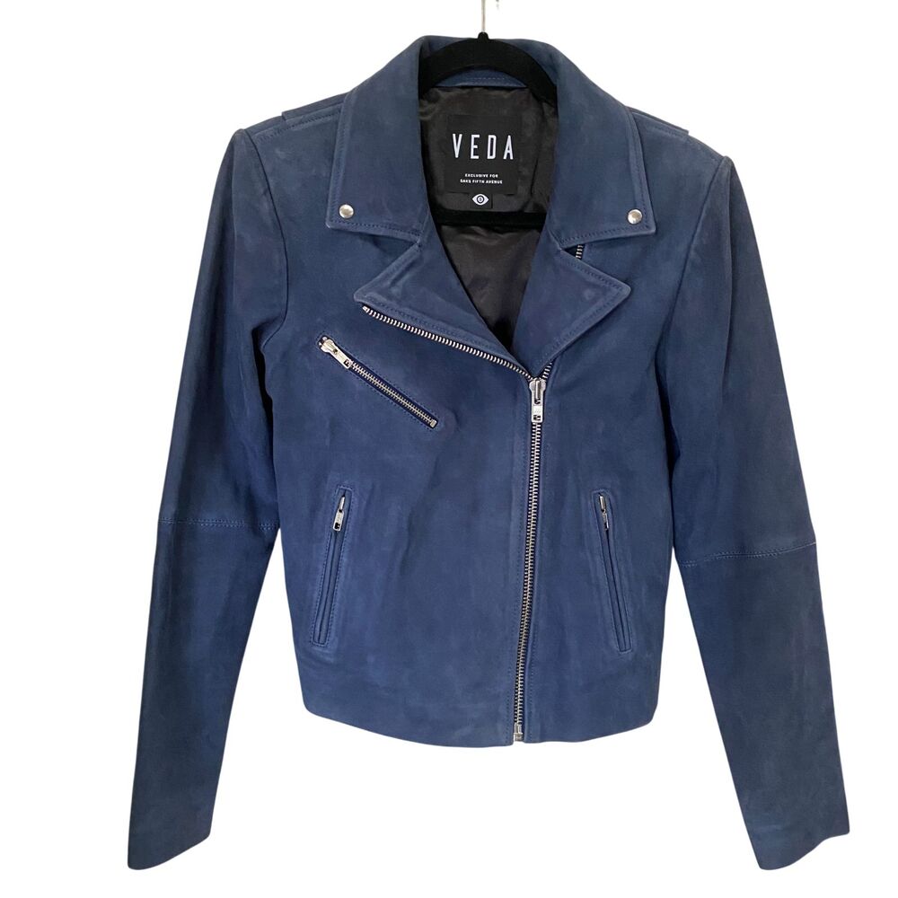 VEDA x Saks Fifth Avenue "Wright" Sapphire Blue Suede Moto Jacket Small